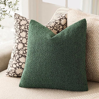 Foindtower Set of 2, Decorative Textured Boucle Throw Pillow Covers Accent Solid Pillow Cases Neutral Cozy Couch Cushion Case for Chair Sofa Bedroom Living Room Home Decor 26x26 Inch Pine Green