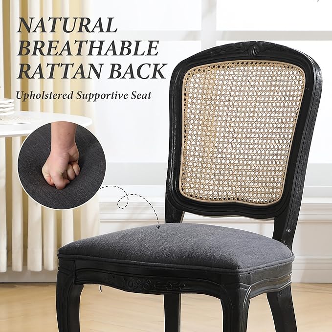Wicker Dining Chairs Set of 6, Upholstered Linen Fabric Dining Room Chairs with Square High Rattan Back Farmhouse French Kitchen Chairs for Dining Table/Living Room/Restaurant, Black