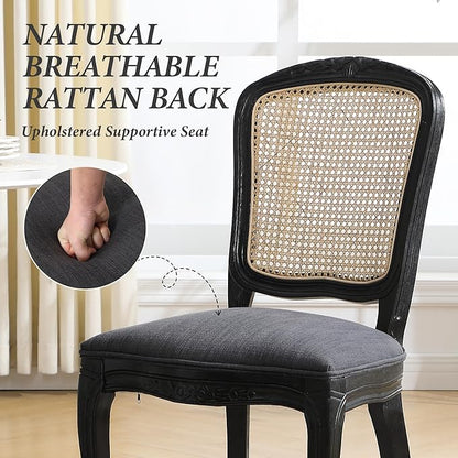 Wicker Dining Chairs Set of 2, Upholstered Linen Fabric Dining Room Chairs with Square High Rattan Back Farmhouse French Kitchen Chairs for Dining Table/Living Room/Restaurant, Black
