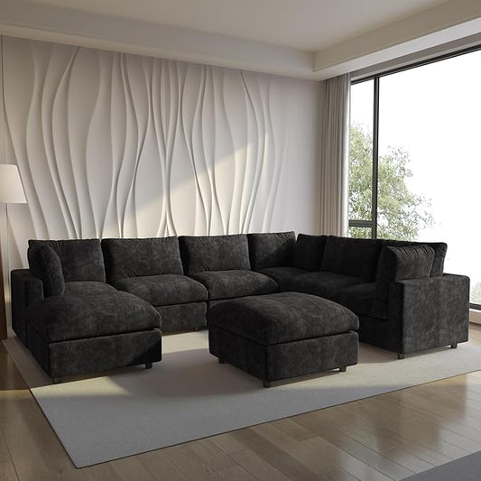 Modular Sectional Sofa with Ottoman,167inch U Shaped Convertible Cloud Couch,8 Seater Convertible V Shaped Living Room Sets,Cover Washable and Replaceable Couches for Living Room,Black