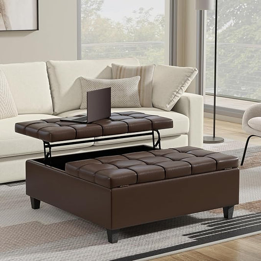 SIMPLIHOME Harrison 40 inch Wide Transitional Square Large Coffee Table Storage Ottoman in Chocolate Brown Vegan Faux Leather, Assembled, for The Living Room and Bedroom