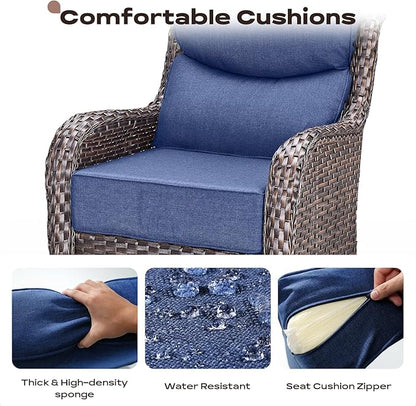 Rilyson 4 Piece Outdoor Patio Swivel Rocker Chairs, Waterproof Wicker, High Back, Deep Seating, Wide Armrest, Upgraded 6 inch Thick Cushions, Ideal for Deck Porch Backyard, Brown/Blue