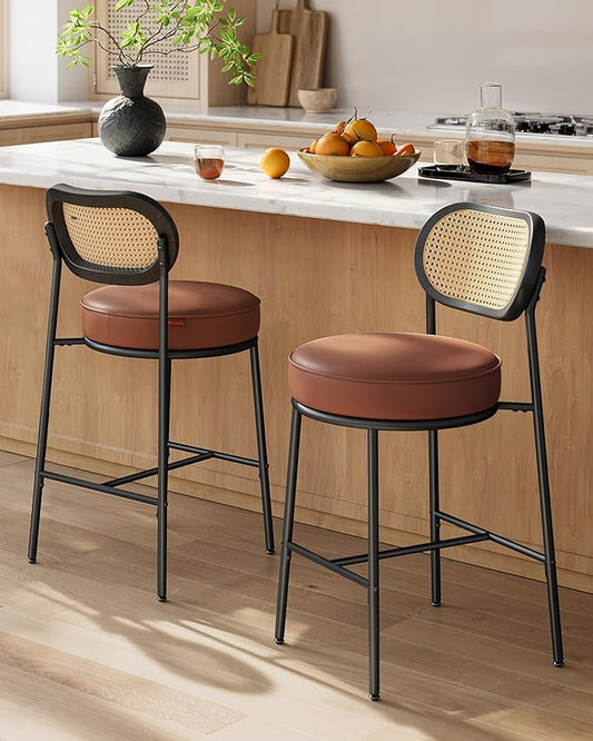 VASAGLE Bar Stools Set of 2, Bar Height Stools with Rattan Back and Metal Legs, 25.1-Inch Tall Counter Chairs, Modern Leather Upholstered Barstools for Kitchen Island Dining Room, Caramel Brown