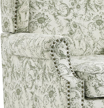 UIXE High Back Floral Accent Chairs Set of 2, Fabric Upholstered Armchair Wingback Arm Chair for Living Room, Nailhead Trim Single Sofa Bedroom Side Reading Seat with Solid Wood Legs - Rococo Green