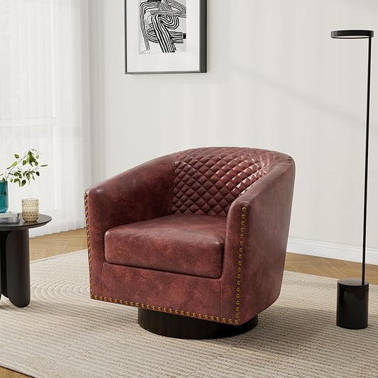 Pia Ricco Faux Leather Swivel Barrel Accent Chairs, 360° Swivel Round Single Sofa Chair, Comfy Upholstered Club Armchair with Nailhead Trim for Living Room/Reading Room/Bedroom, Red Brown