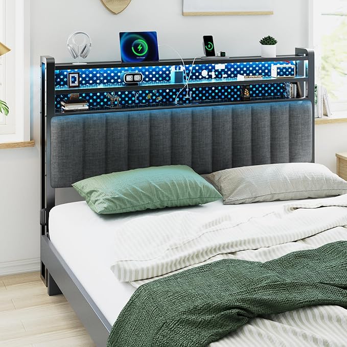 VINGLI Queen Size Headboard Only, Adjustable Upholstered Headboard with 3 Tier Shelves and Pegboard with Charging Stations and LED Lights, Modern Bed Headboard with Storage for Bedroom Decor