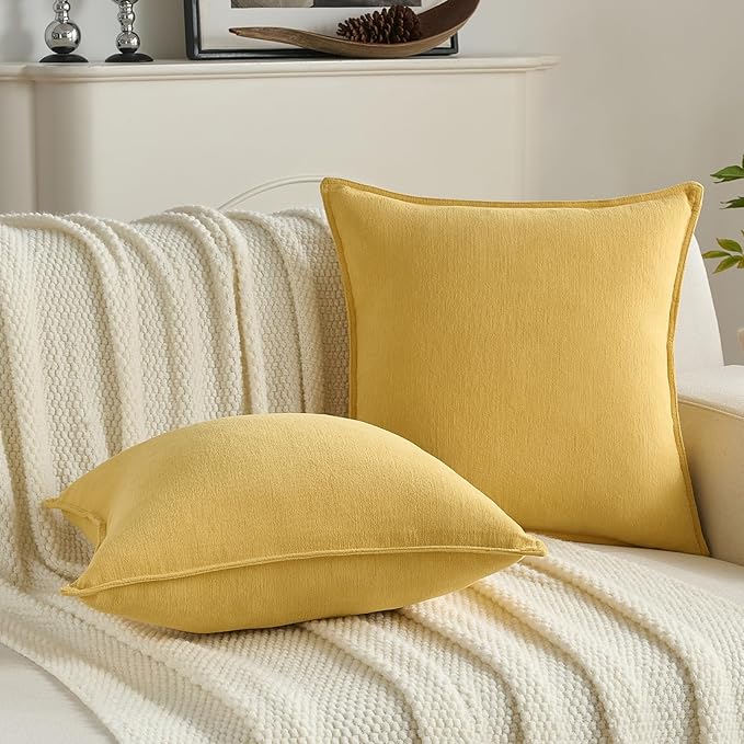 FUTEI Mustard Yellow Chenille Throw Pillow Covers 18x18 Inch Set of 2,Edges Double-Stitched Cushion Cases,Modern Home Decor for Couch Living Room