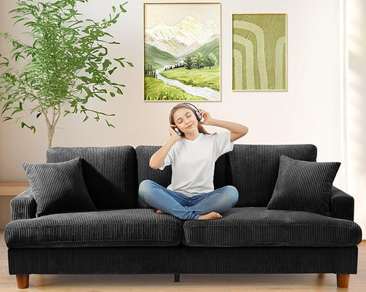 87in Corduroy Couch, Kidirect Sofa No Tool Assembly, Comfy Couches for Living Room 21in Deeper Seats, Corduroy Sofas for Living Room with 2 Pillows, Oversized Loveseat Sofa, Boho Love Seat Black Couch
