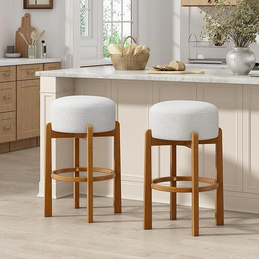 Christopher Knight Home Lera Modern Counter Height Bar Stools Set of 2, Fabric Round Stool Chair for Kitchen Island, Wooden Dining Room Chair, Upholstered Counter Stool with Footrest, Walnut+Ivory