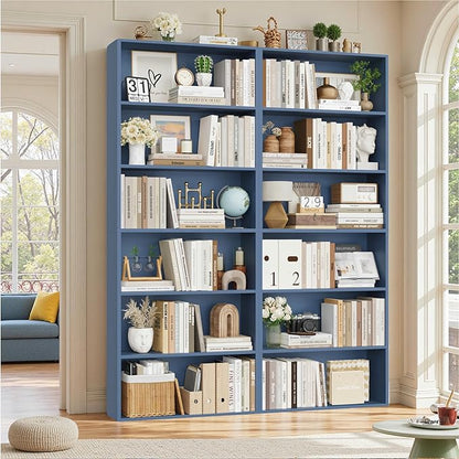 FOTOSOK 70.8" Tall Bookcase Shelf, 6 Tier Wide Bookshelf with Storage, Billy Bookcase Set of 2, Large Bookshelf for Living Room, Home Office,Blue