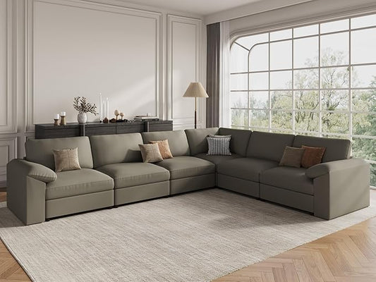 EASE MOOSE Leather Sectional Couch, Oversized Modular Sectional Sofas, Wide Deep Seat Modular Couch, Scratch Resistant Faux Leather Material, L Shaped Sofa for Big Spaces, Light Grey
