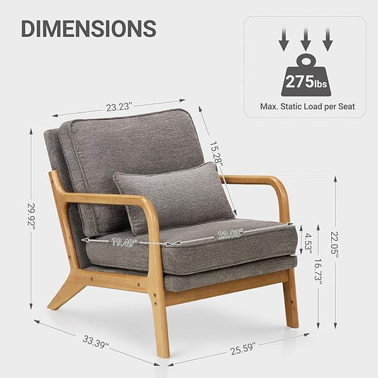 COLAMY Mid Century Modern Accent Chair with Lumbar Pillow, Relaxing Armchair with Solid Wood Frame & Soft Cushion, Reading Leisure Chair for Living Room,Bedroom,Waiting Room（Grey）