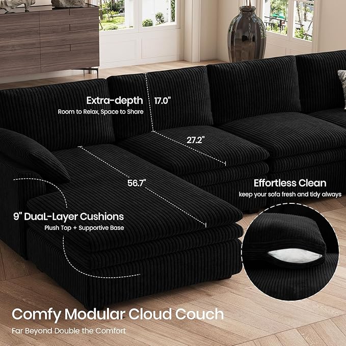 Belffin Large Modular Sectional Sofa with Double Deep Chaise and Loveseat, Corduroy U Shape Couch with 9" Soft Dual-Layer 9 Seats Cushion for Living Room, Apartment, Black