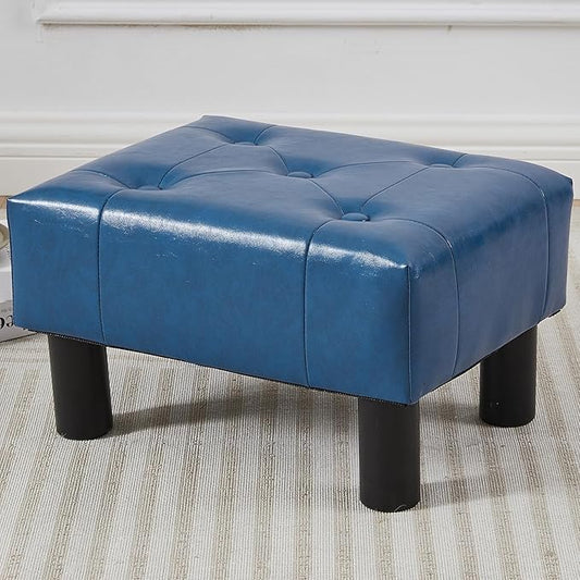 Small Foot Stool Ottoman, Faux Leather Footstool Ottoman Foot Rest for Couch, Rectangle Footstools and Ottomans Small for Living Room, Entryway and Bedroom (Blue)