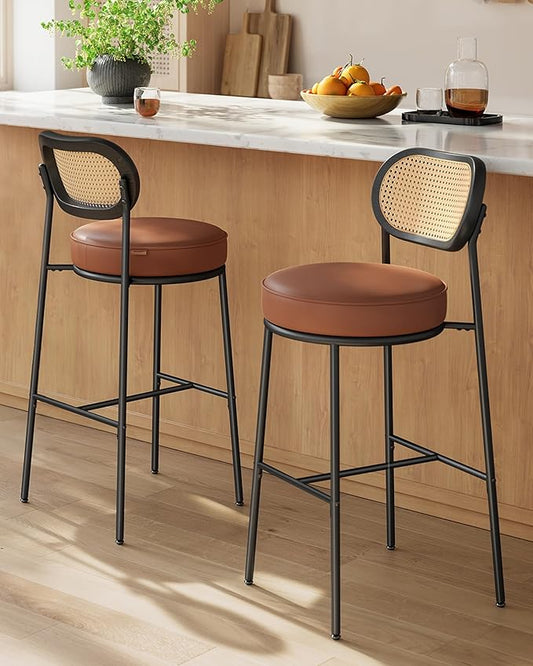 VASAGLE Bar Stools Set of 2, Bar Height Stools with Rattan Back and Metal Legs, 30.1-Inch Tall Counter Chairs, Modern Leather Upholstered Barstools for Kitchen Island Dining Room, Caramel Brown