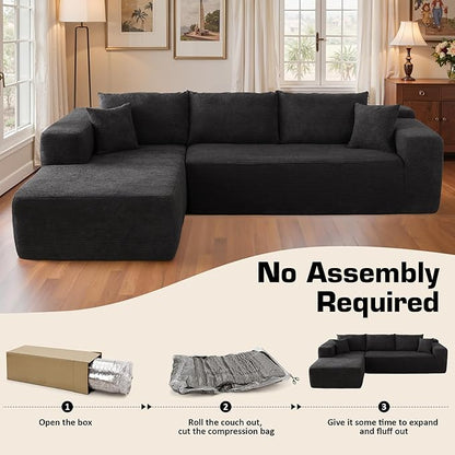 106" Cloud Sectional Couch with Chaise Lounge,L Shaped Modular Modern Sofa,Comfy Corduroy Fluffy Sofa with Deep Seat,No Assembly Required Couch for Living Room(Left,Stripe Corduroy,Black)