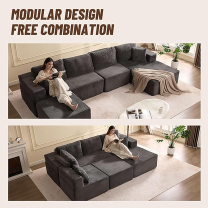 138" Boneless Couch with Deep Seat, Modular Sectional Sofa, Cloud Sectional Couch for Living Room, No Assembly Required, Corduroy, U-Shape 4 Seater Right, Gray
