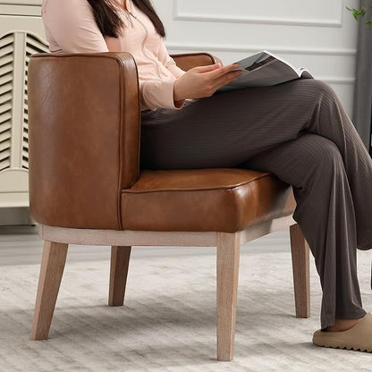 Set of 2 Arm Accent Chair Barrel Accent Chair with Wood Legs, Brown Leather Comfy Barrel Round Side Chair Upholstered Reading Chairs with Back for Living Room Bedroom Living Room Chair, Brown