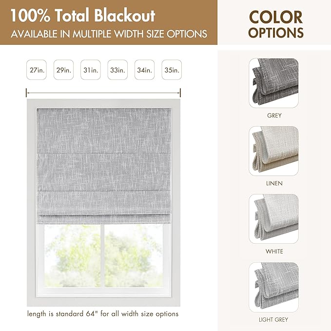 Madison Park Cordless Roman Shades, Total Blackout Window Blind Privacy Window Shades, Thermal Insulated Cordless Window Treatment for Bedroom, Living Room, Quincy, Single Panel 27"W x 64"H Light Grey