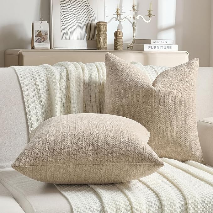FUTEI Oatmeal Chenille Throw Pillow Covers 20x20 Inch Set of 2,Soft Striped & Diamond Textured Cushion Cases,Modern Home Decor for Couch Living Room