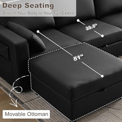 126.8" Modular Sectional Storage Sofa, Oversized Faux Leather U Shaped Couch with 2 Ottoman, Cloud Couch with Headrest & Side Pockets, Sectional Sofas for Living Room Apartment Small Spaces, Black