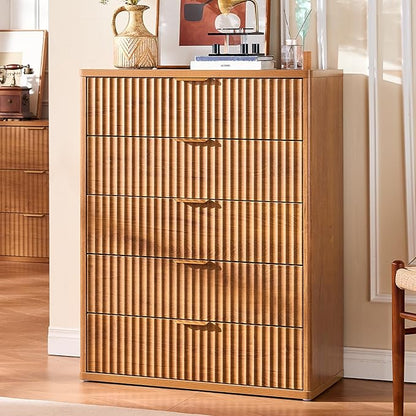 LEYAOYAO Fluted 5 Drawers Dresser for Bedroom Set of 2, 41" Tall Modern Chest of Drawers with Metal Handle, Curved Profile Design,Brown Wood Drawer Organizer for Bedroom, Living Room, Hallway