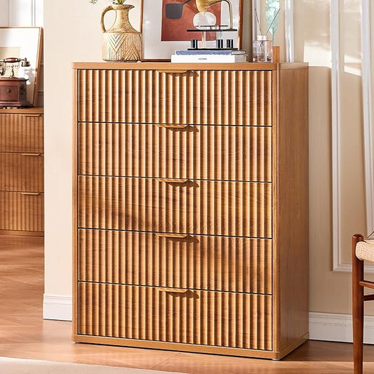 LEYAOYAO Fluted 5 Drawers Dresser for Bedroom, 41" Tall Modern Chest of Drawers with Metal Handle, Curved Profile Design,Brown Wood Drawer Organizer for Bedroom, Living Room, Hallway, Entryway