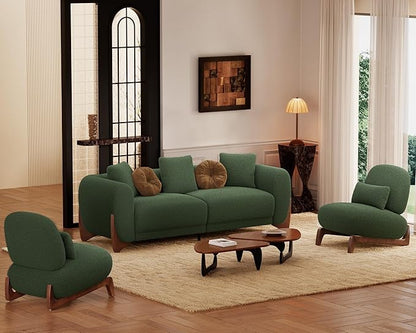 Morden Fort 3 Piece Cloud Couch Set, Modern Sherpa Boucle Sofa Set with Wood Legs, Skin-Friendly Minimalist Upholstered Comfy Couch Sofas for Living Room, 3-Seater Sofa & 2 Chairs, Forest Green
