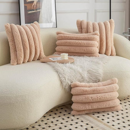 Neelvin Camel Faux Fur Cozy Soft Striped Decorative Throw Pillow Covers 22x22 inch Set of 2,Velvet Pillowcase Cushion Case for Sofa Couch