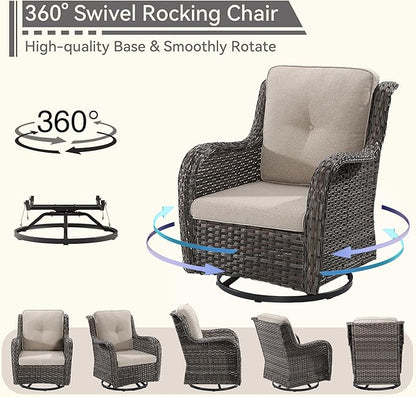 6 Pieces Outdoor Furniture Set - Patio Wicker Swivel Rocker Chair Set of 4 and 2 Side Table, Beige, Mixed Brown Rattan, Suitable for Porch, Yard
