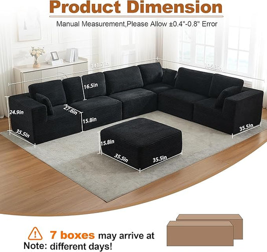 L-Shape Cloud Modular Sectional Sofa Couch,Modern Boneless Sectional Couch with Deep Seat,Upholstered Couches for Living Room Bedroom,No Assembly Required,Black