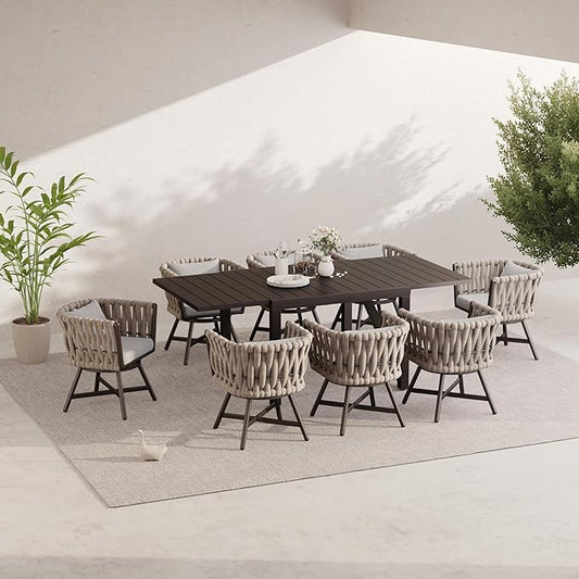 Grand patio 9-Piece Outdoor Dining Set for 8, Patio Dining Furniture Set for 8 Swivel Rope Wicker Chairs & 1 Expandable Rectangular Dining Table, Light Gray Brown
