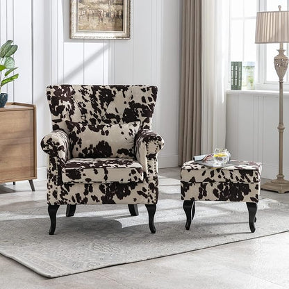 Accent Reading Arm Chairs with Ottoman Set of 2 for Living Room Bedroom, Midcentury Modern Corner Sofa Chair, Wingback Waiting Room Club Chair with Tufted Back &Lumbar Pillow, Fabric Cow