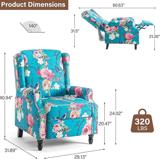 Pushback Recliner Chair Set of 2, Floral Fabric Wingback Recliner Chair, Upholstered Armchair Push Back Recliner, Rivet Trim Single Sofa Accent Chair with Wood Legs for Living Room, Peacock Blue