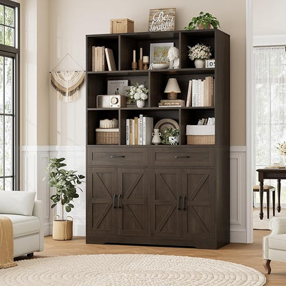 HOSTACK 71" Tall Bookcase with Drawer and Door, 47" Wide Book Shelf and Bookcase with Storage, 6 Tier Large Book Storage Cabinet with 14" Deep Display Shelves for Living Room, Home Office, Dark Brown