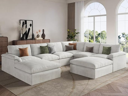 EASE MOOSE Oversized Sectional Cloud Couch-7-Seat, U-Shaped Deep-Seat Modular Boneless Sofa, No-Assembly Chenille Sofa for Living Room, White