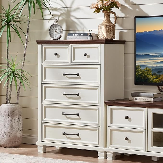 Farmhouse Bedroom Dresser and Nightstand Set of 4, 6 Drawer Tall & 5 Drawers Dresser & 3 Drawer Nightstand Set with Wooden Legs, Rustic Wood Bedroom Furniture for Livingroom, Hallway, White