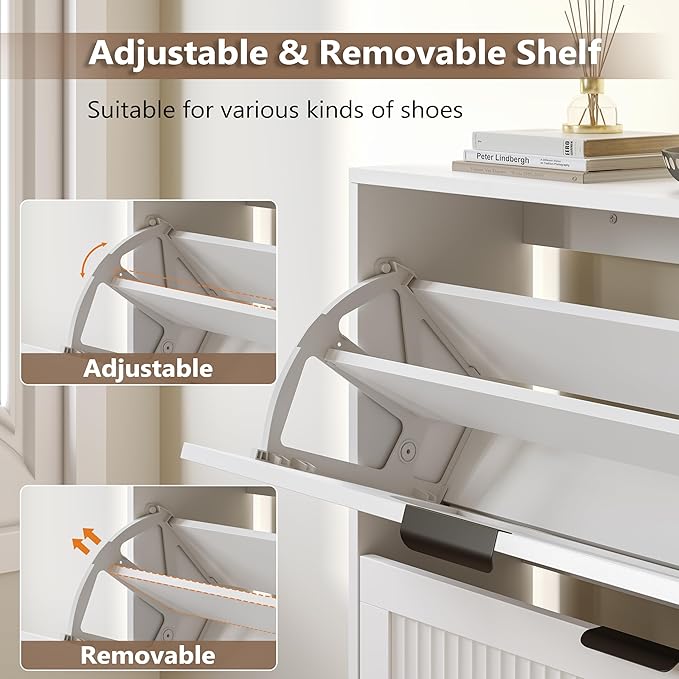 Shoe Cabinet for Entryway with 2 Flip Drawers, Slim Wooden Shoe Storage Organizer with Modern Fluted Pannel，Freestanding Narrow Hidden Shoe Rack for Hallway, Foyer, Living Room
