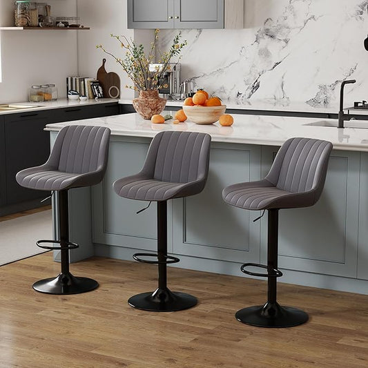 Youhauchair Bar Stools Set of 3, Swivel Counter Height Barstools with Back, Adjustable PU Leather Bar Chairs, Modern Armless Kitchen Island Stool, Dark Grey