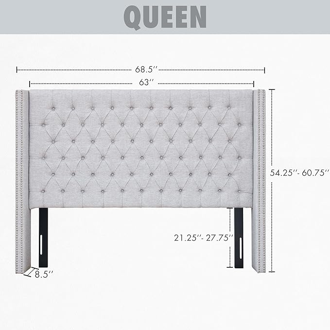 Madison Park Queen Button Tufted Headboard, Adjustable Upholstered Transitional Wingback Headboard, Nailhead Trim, Wooden Frame, Black Metal Legs, Flush Flat Back, Vintage Bedroom Décor Amelia - Grey