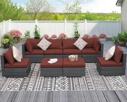 NICESOUL 8 Piece Modern Patio Couch Set, 29.3'' High Back Oversized Wicker Outdoor Sectional Furniture with Ottoman, Wide Seating Comfy Conversations for Backyard Deck, 2 Color Cushion Wine & Gray