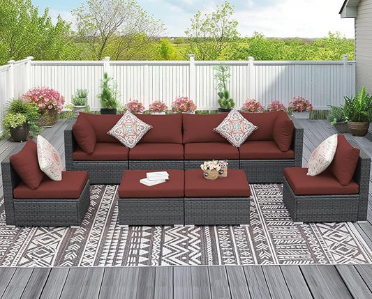 NICESOUL 8 Piece Modern Patio Couch Set, 29.3'' High Back Oversized Wicker Outdoor Sectional Furniture with Ottoman, Wide Seating Comfy Conversations for Backyard Deck, 2 Color Cushion Wine & Gray
