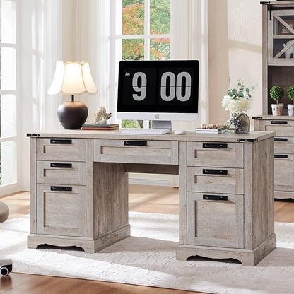 RedLemon 60" Farmhouse Executive Desk with Drawers, Wood Home Office Desk w/Charging Station, Keyboard Tray, File Drawer, Storage Cabinet, Rustic Computer Writing Desk (Light Rustic Oak)