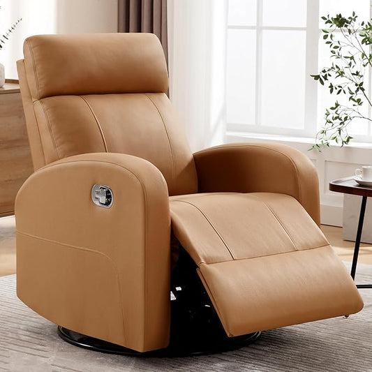 Swivel Rocker Recliner Chair, Manual Leather Recliner, Glider Rocking Recliner Chair 360°Swivel Nursery Reclining Chair for Living Room, Light Brown