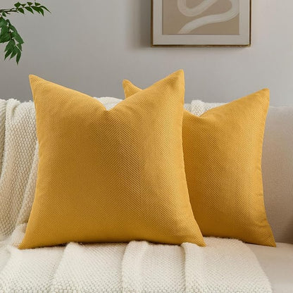 FUTEI Mustard Yellow Chenille Throw Pillow Covers 22x22 Inch Set of 2,Soft Wide Chevron Textured Cushion Case,Farmhouse Home Decor for Couch Bed Living Room