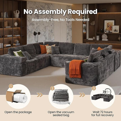 Cloud Sectional Couch with Loveseat, Boneless U-Shaped Cloud Couch with Deep Seat, Soft Plush Modern Minimalist Sofa, Assembly Free Modular Floor Sofa for Office Living Room Apartment, Grey