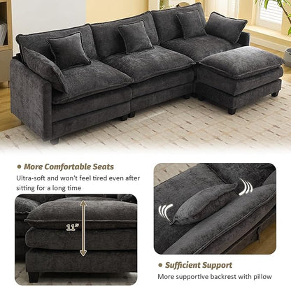 111'' Sectional Cloud Deep Seat Couch, Modern Comfy Chenille L Shaped Sectional Sofa for Living Room Set, Upholstered Modular 4-Seats Sofa Couch with Movable Ottoman, Dark Grey