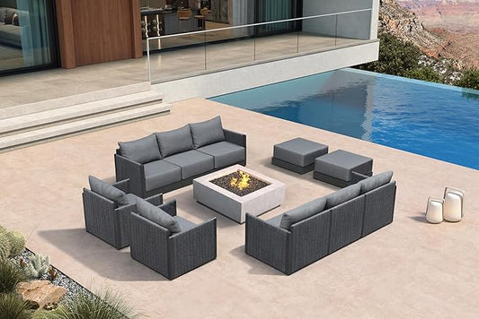 PURPLE LEAF 10 Pieces Patio Conversation Sets with Ottoman Outdoor Couch Sectional Set with Cushion All Weather Patio Conversation Set for Garden Poolside Backyard Gray