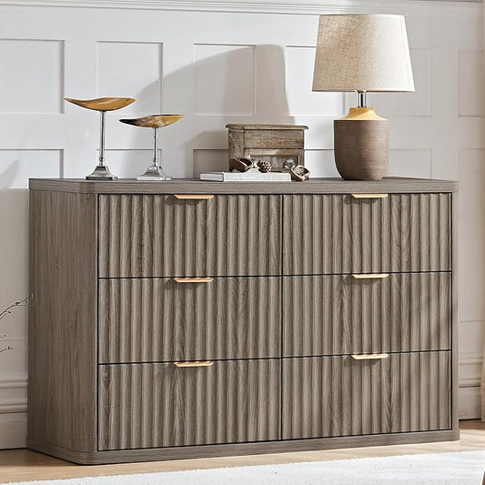 LEYAOYAO Fluted 6 Drawers Dresser, 48" Wide Modern Chest of Drawers with Wood Grain Top, Curved Profile Design, Dresser TV Stand, Wood Drawer Organizer for Bedroom, Living Room, Hallway,Grey
