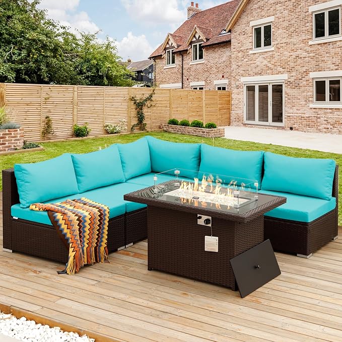 NICESOUL 6 Piece L-Shaped Patio Furniture Set with Fire Pit Table Natural Gas/Propane, 29.3'' High-Back Deep Wide Seat Outdoor Conversations, XL Big Fireplace Couches, Brown Rattan and Teal Cushion